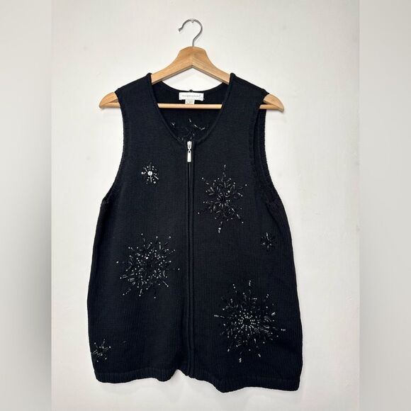 Christopher & banks Ugly Christmas Holiday Sweater vest size L snowflake black - Picture 1 of 12